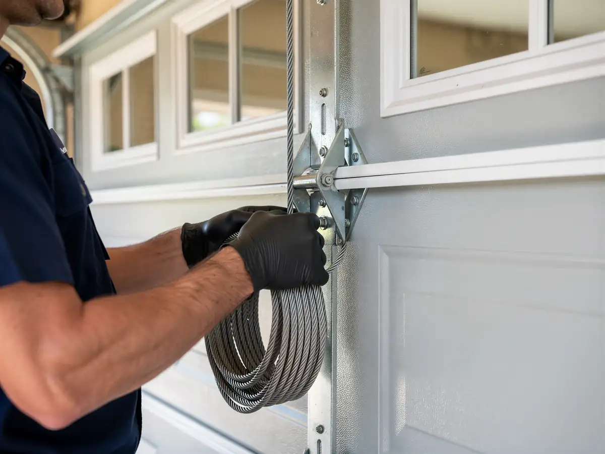 A technician wearing black gloves holds a coiled garage door cable.