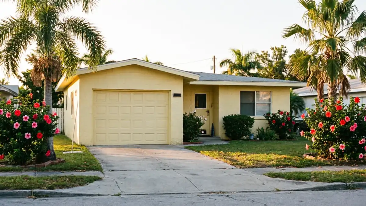 The house has a light yellow garage door, a driveway, and palm trees.