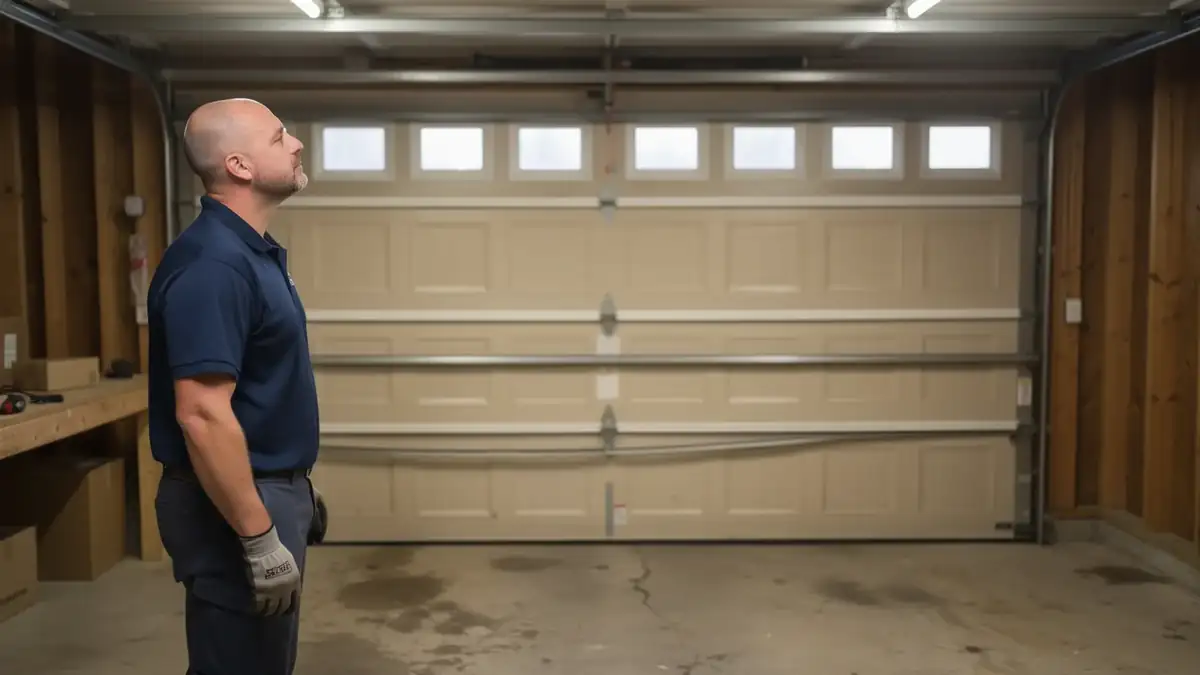 A technician looks up at a damaged tan garage door inside a garage.