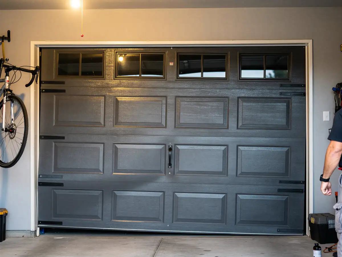 A dark gray garage door with windows and decorative hardware is slightly ajar.